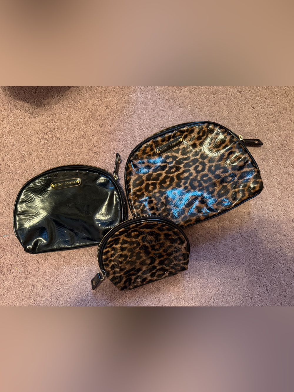 Betsey Johnson Black and Leopard Print Cosmetic Pouch Trio
